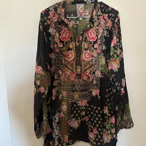 Johnny Was Black Floral Embroidered Shirt with Pink and Green Accents